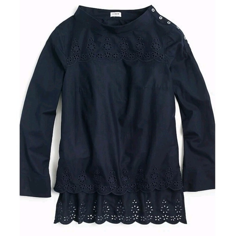 J.Crew Scalloped Eyelet Funnelneck Top Navy Cotton Long Sleeve Size 8